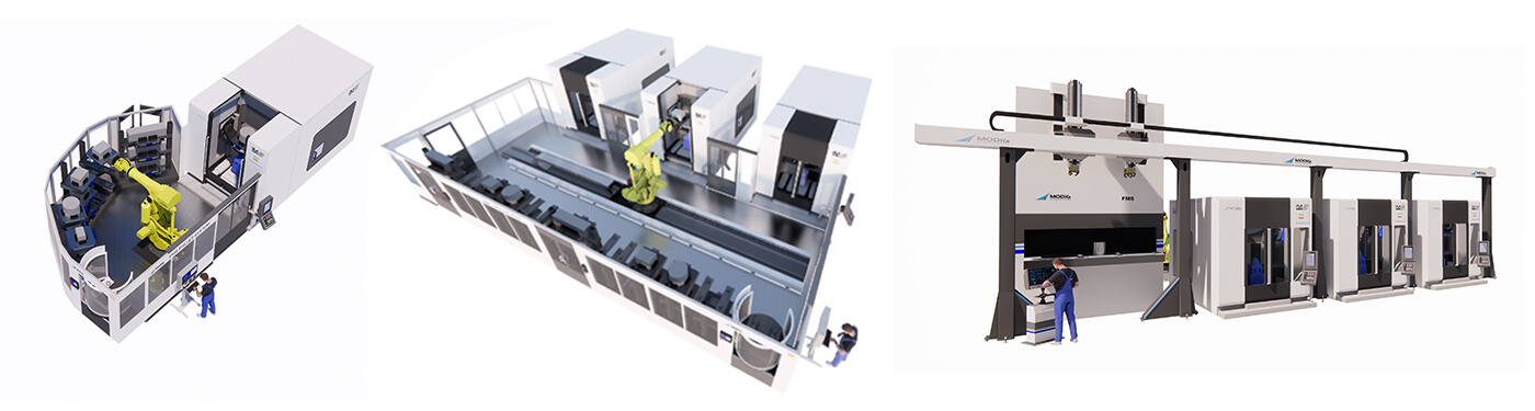 Complete production cells for inverted machining centers